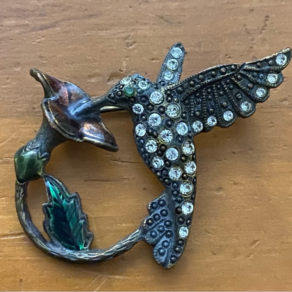 Vintage Hummingbird Enamel & Rhinestones Brooch